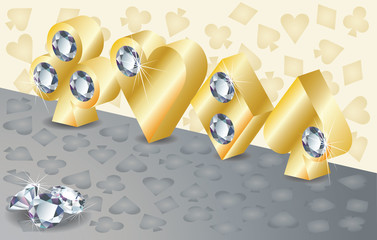 Golden Poker elements with diamonds in 3d. vector