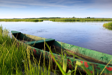 Obraz premium Landscape with wild river and boat in summer