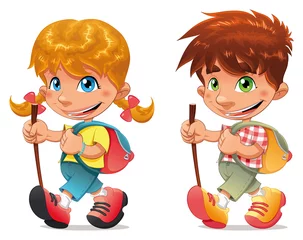 Rollo Trekking boy and girl. Vector and cartoon isolated characters. © ddraw