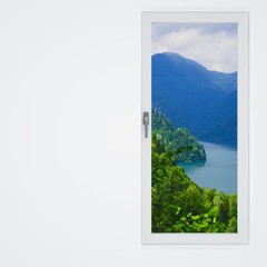 white wall and window with a beautiful view on mountains