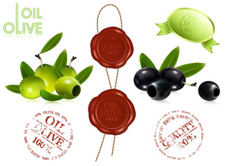 Vector black and green olives. Sealing wax 100% oil olive.