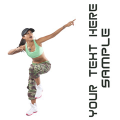 Beautiful woman dancer in hip hop attire striking a pose,