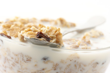 Muesli with milk close-up