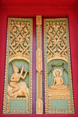 buddhist art on window of temple, Wat Ku Ka Singh, Roi-Et