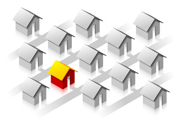 Small red isometric house surround usual grey houses