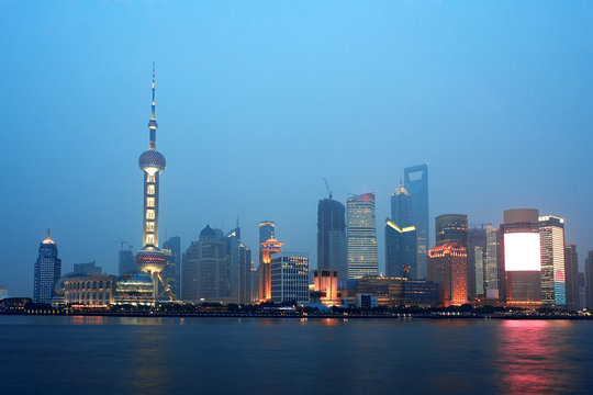 view of the Shanghai Oriental Pearl in the evening