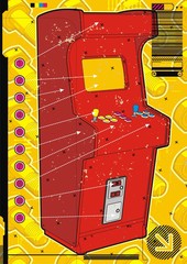 Red video arcade machine on a yellow screw background.