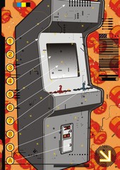 Grey video arcade machine on a red screw background. - 23689211