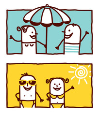 couple with parasol & swimsuits
