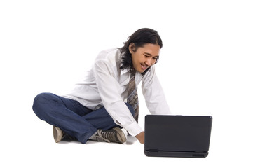 Long hair man working with laptop