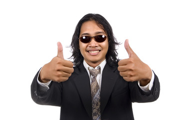 Long hair man in business suit give ok sign