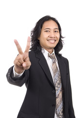 Long hair man give number two by hand gesture