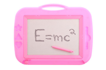 Pink magnetic drawing board with e=mc2 isolated on white