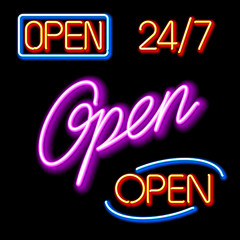 Set of glowing neon OPEN signs. Vector.