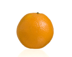 Orange fruit on reflective surface with a white background.