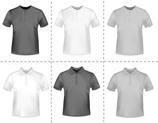 Black and white men polo shirts. Photo-realistic vector.