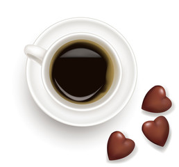 Top view of black coffee cup with chocolate. Vector.