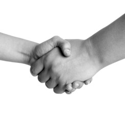 Man and woman handshake black and white isolated on white