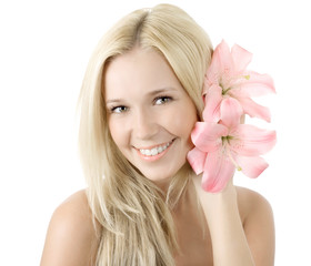 Beautiful young blonde woman with lily flower smile isolated