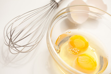Hand Mixer with Eggs in Glass Bowl