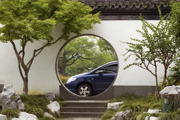 Poster Im Rahmen Traditional Chinese garden doorway and modern car, China © Oksana Perkins