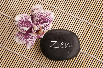 Obraz na płótnie Canvas Mot zen sur un galet noir et orchidée