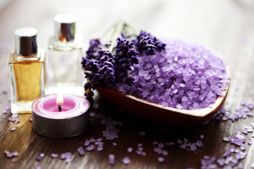 Fototapeta na wymiar lavender bath salt and massage oil