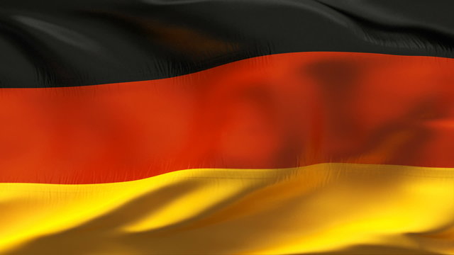 Creased German satin flag in wind with seams and wrinkle