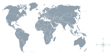 Fototapeta na wymiar Mapa świata z granicami, kompas