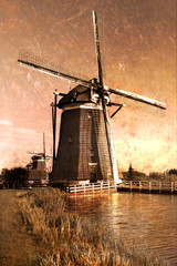 Postcard of windmills on dutch countryside