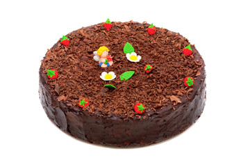 cheese cake with chocolate decorated with strawberries and angel