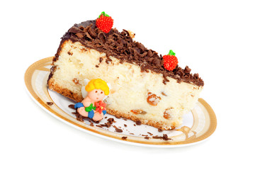 cheese cake with chocolate decorated with strawberries and angel