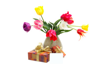 bouquet of tulips in a vase, gifts and greeting card