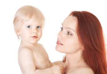 happy mother and cute baby after a bath isolated on white