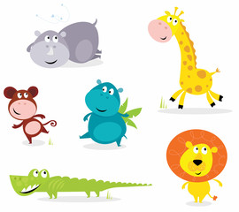Fototapeta premium Six cute safari animals - giraffe, croc, rhino, hippo, lion...
