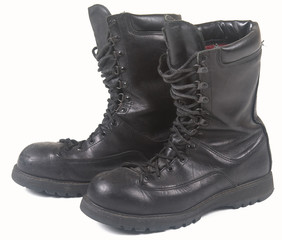 black military leather boots on white background