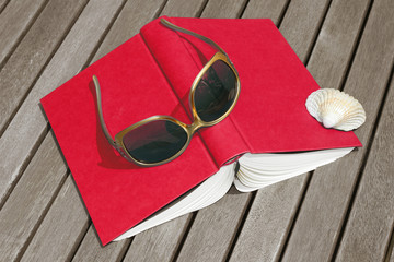 rote Sommerlektüre mit Sonnenbrille
