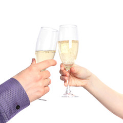 Two hands with glasses of champagne. Dating
