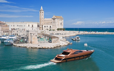 Fototapeta na wymiar Turystycznym portu z katedry i luksusowy jacht. Trani. Apulia.