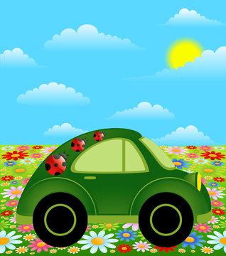 cartoon car on a background summer landscape