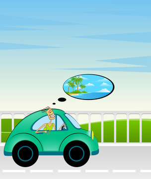 cartoon car and man on a background summer landscape