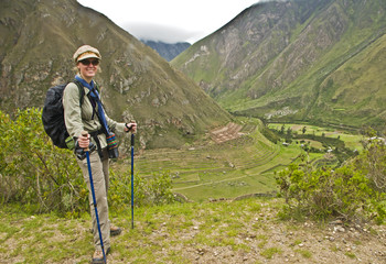 Fototapeta na wymiar Female hiker on the Inka Trail in Peru.