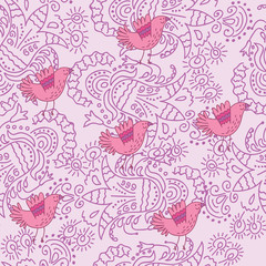 Bright floral seamless pattern with birds