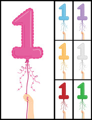Hand holding a number 1 shaped balloon in 7 color options.