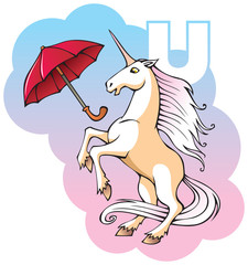Children alphabet: letter U, unicorn and umbrella, vector