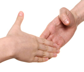 handshake. Men and woman hands isolated over white