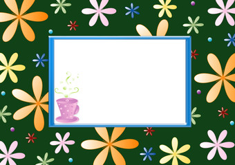Fototapeta na wymiar Colors flowered wallpaper, frame with herb mugs, place for text