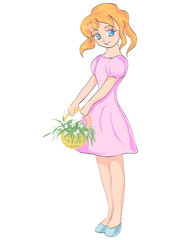 Pretty girl holding a basket with flowers