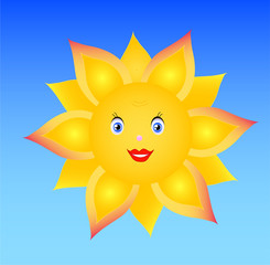 smile yellow sunflower on blue sky, hand drawing