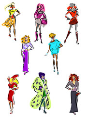 Simplified women in various dresses